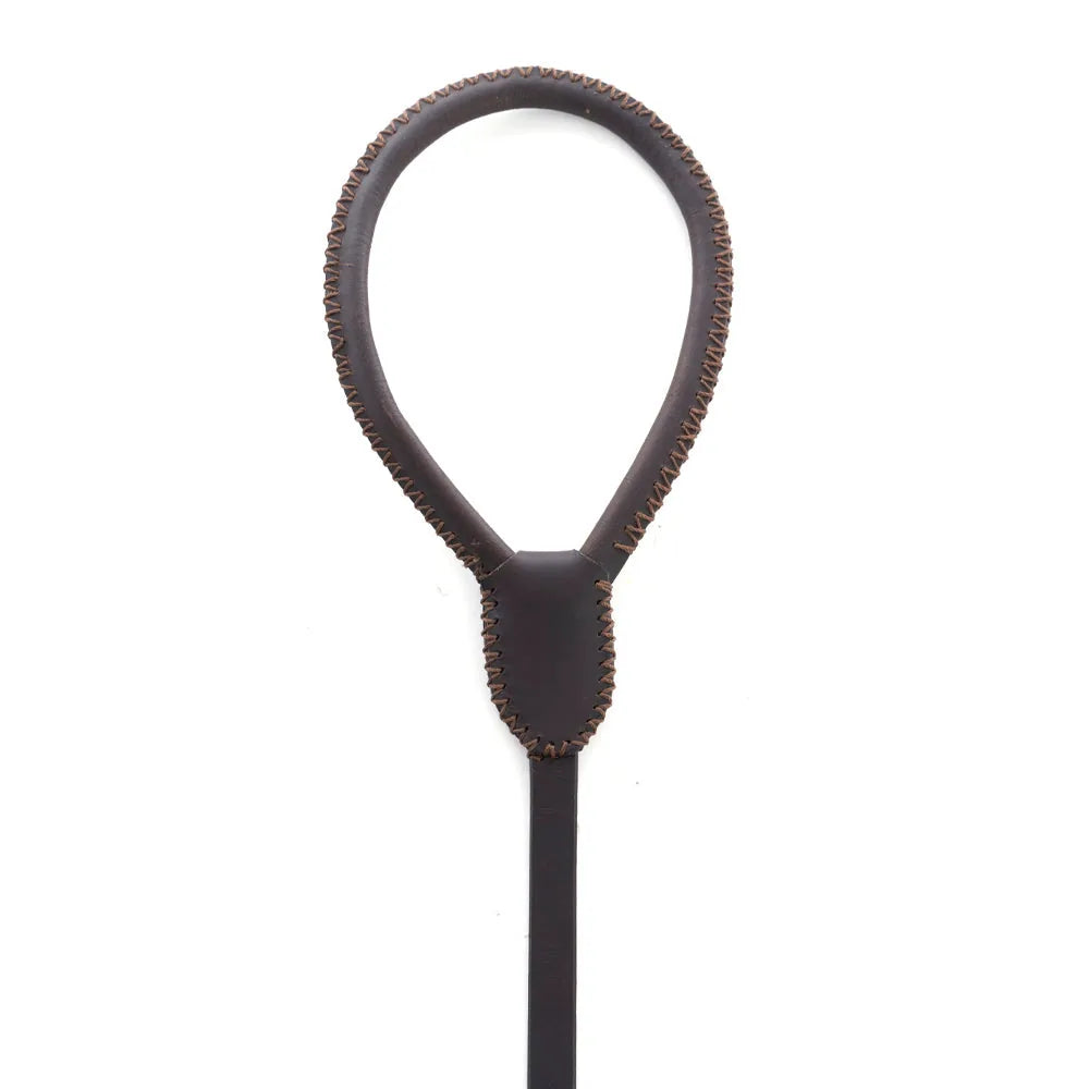 Ebony leather dog leash featuring unique stitching and a flared clasp for stylish and practical daily walks.