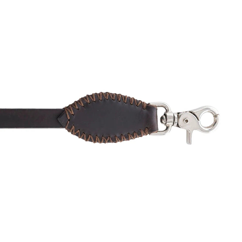 Ebony leather dog leash featuring detailed stitching and a flared clasp for secure walking. Ideal for stylish pet owners.