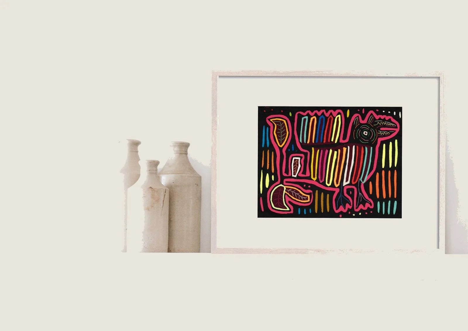 Colorful abstract Mola featuring a stylized dog design, surrounded by layered lines and leaf shapes on a black background.