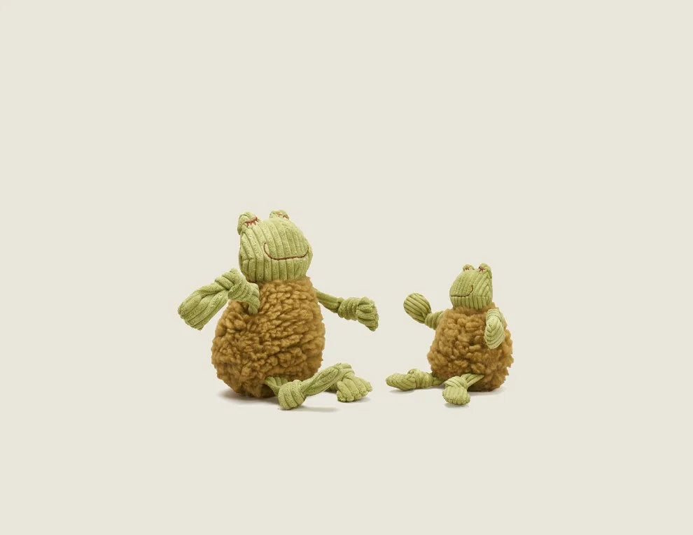 Soft green and brown plush frog toy duo with knotted limbs, designed for interactive play and comfort for dogs.