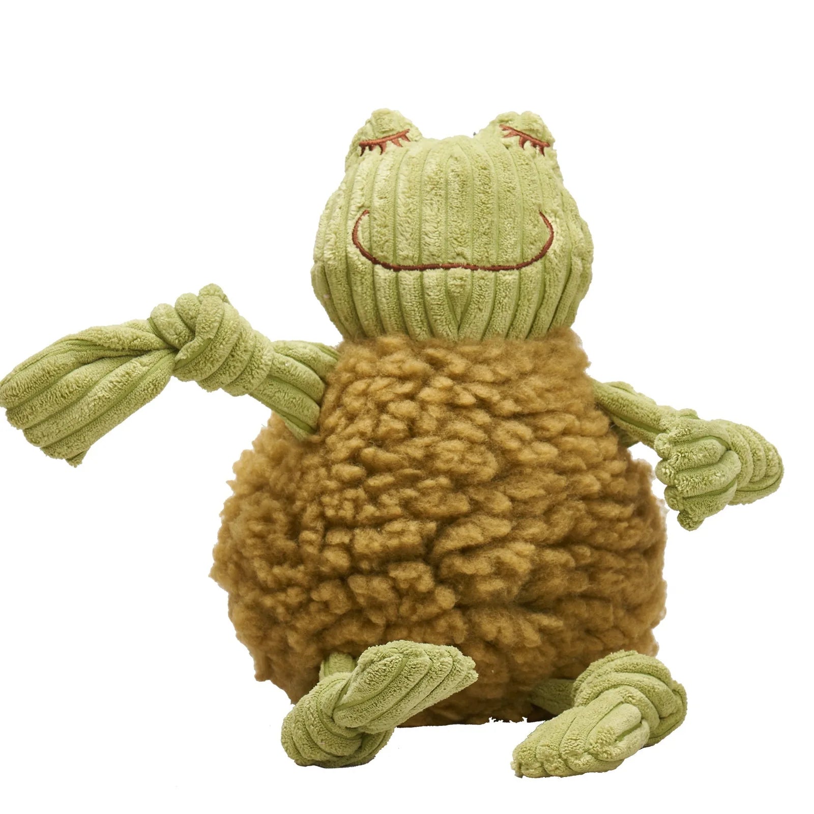 Plush green frog toy featuring knotted limbs and a fluffy brown body, perfect for dog play and cuddling.