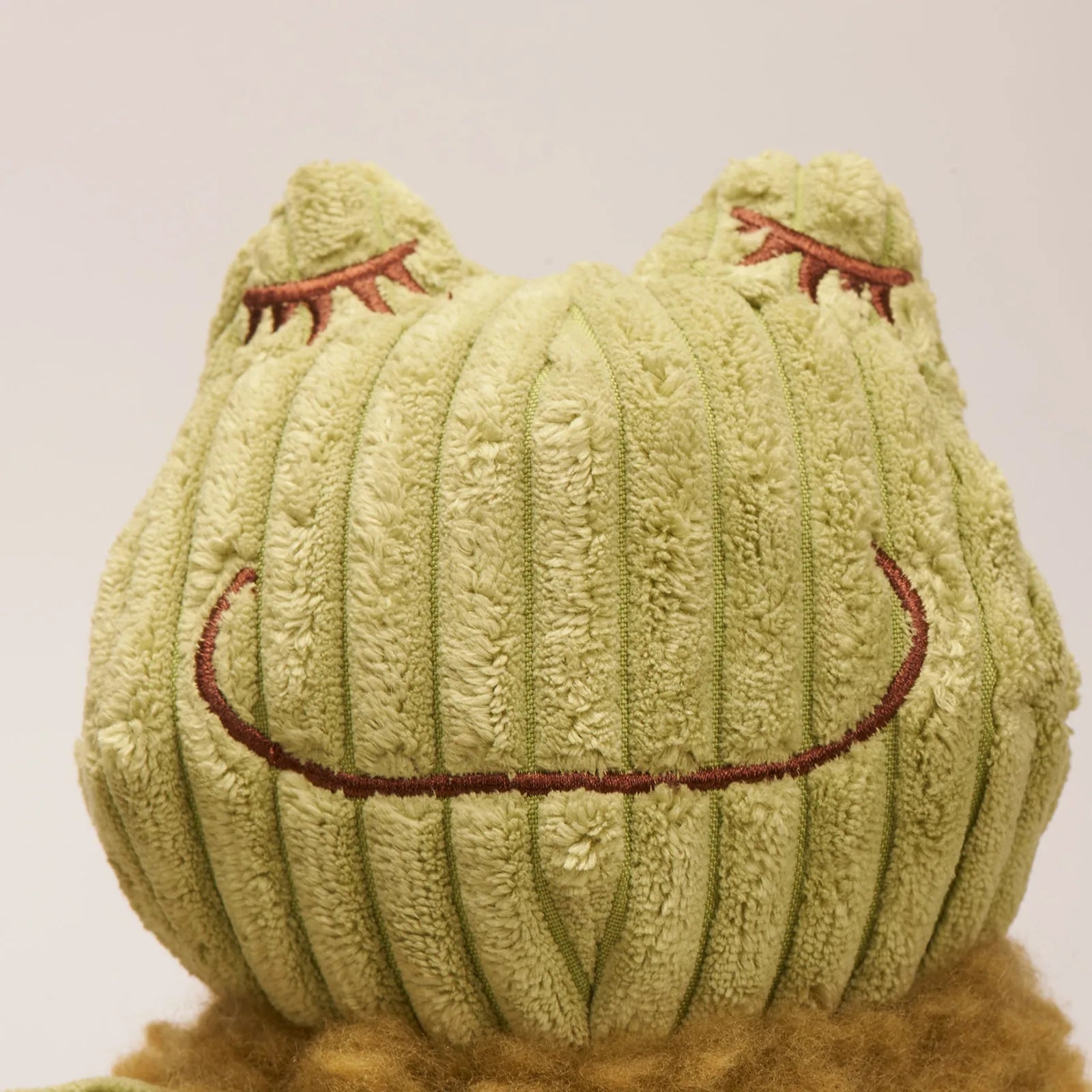 Fiona Frog plush dog toy with soft green fabric, smiling face, and textured stripes, ideal for cuddling and play.