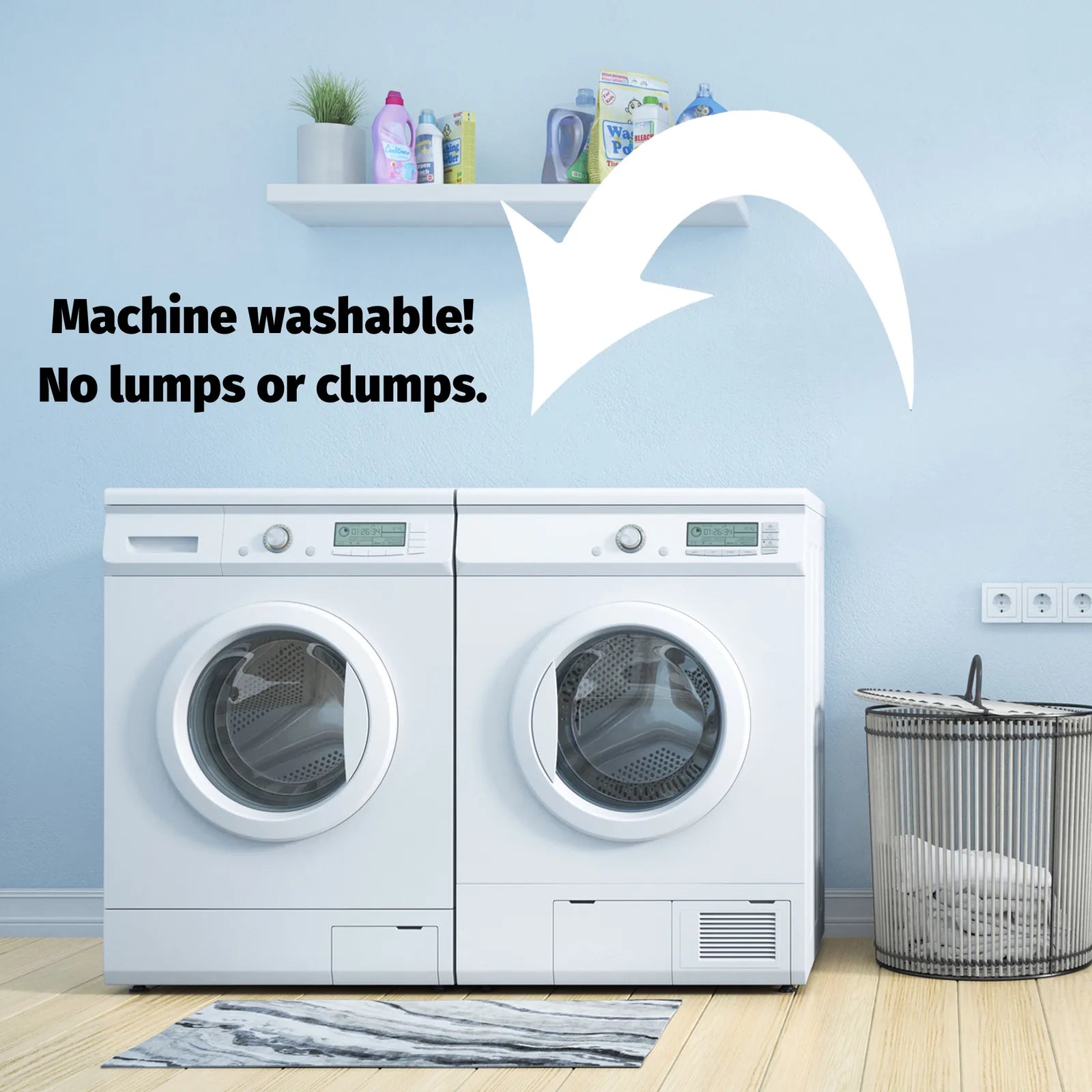 Machine washable Fiona Frog plush dog toy, highlighting durability with a clean laundry setting in the background.