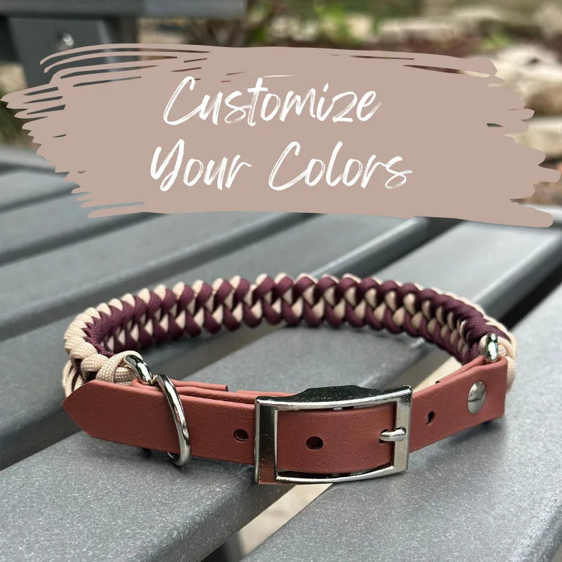 Handmade fishtail braid dog collar featuring burgundy and sand colors with a durable D-ring and adjustable buckle.