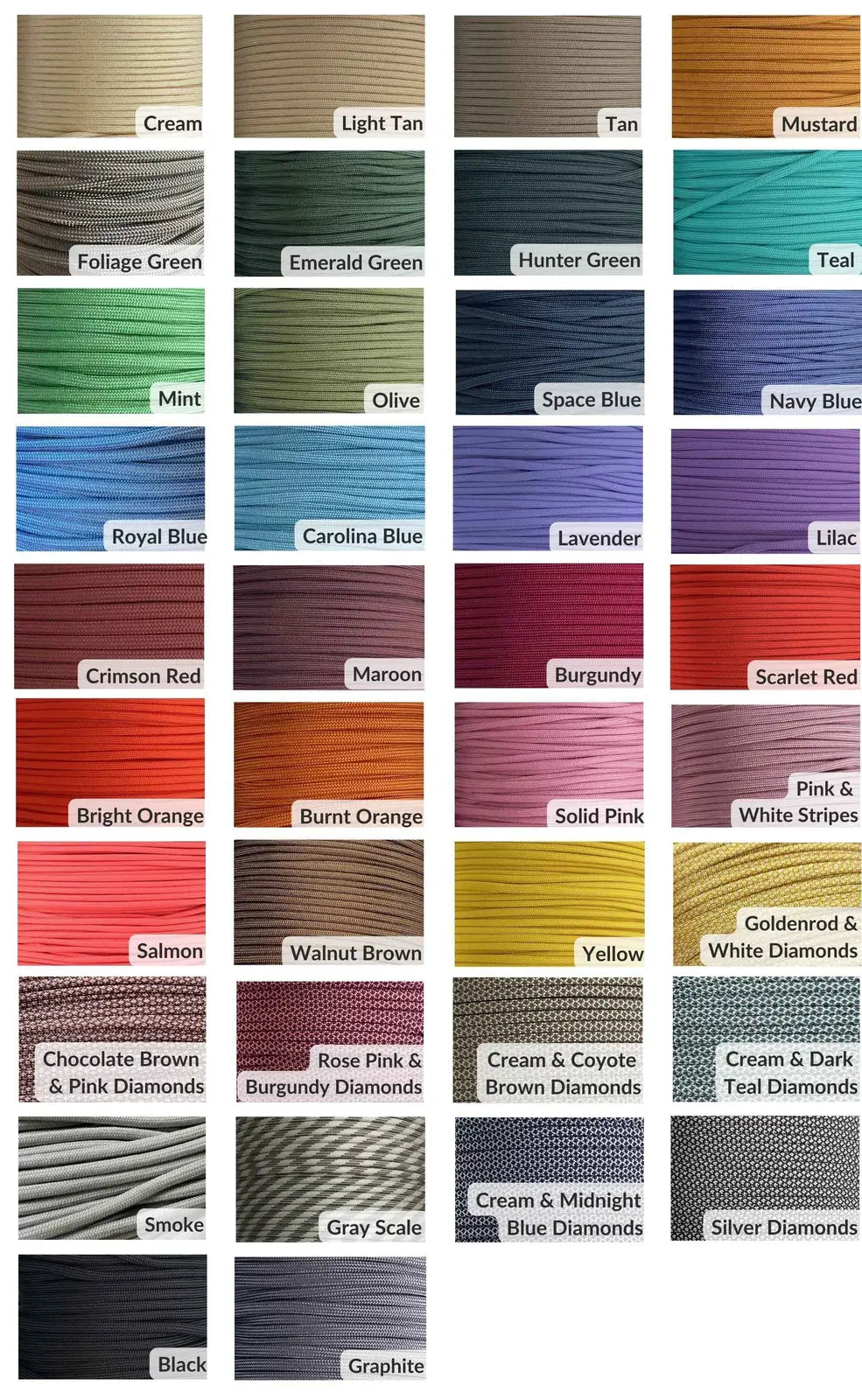 Handwoven paracord color options for the Fishtail Braid Handmade Dog Collar, featuring various vibrant shades.