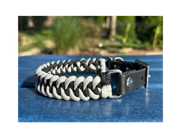Handmade black and smoke fishtail braided dog collar with adjustable BioThane® fit and durable D-ring.