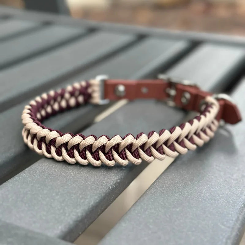 Handmade braided dog collar featuring burgundy and cream nylon paracord with a medium brown buckle.