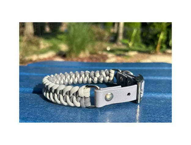 Handmade braided dog collar in graphite and smoke colors, featuring a gray BioThane® adjustable adapter and nickel-plated...