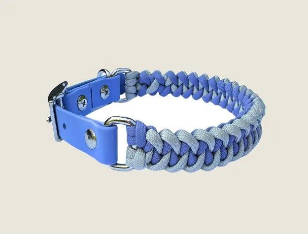 Handmade lavender and smoke braided dog collar with a periwinkle buckle and nickel-plated hardware.