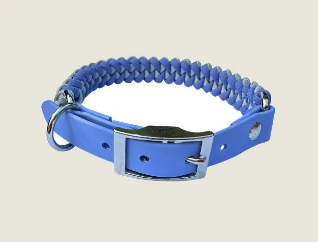 Lavender and smoke handmade braided dog collar with BioThane® buckle and sturdy D-ring for leash attachment.