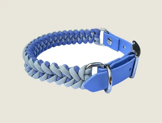 Handmade fishtail braided dog collar in lavender and smoke, featuring a periwinkle buckle and sturdy D-ring.