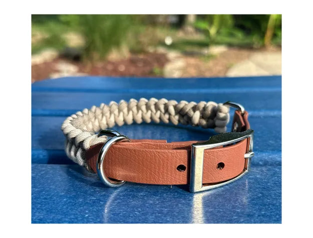 Handmade fishtail braided dog collar in tan and cream, featuring a sturdy D-ring and nickel-plated hardware.