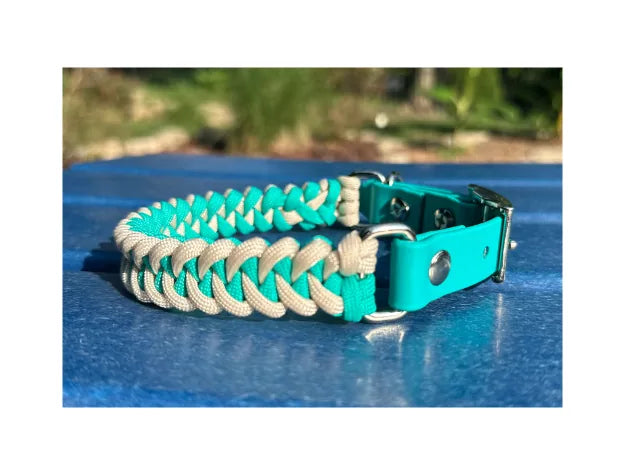 Handmade fishtail braid dog collar in teal and cream with adjustable BioThane® adapter and durable hardware.