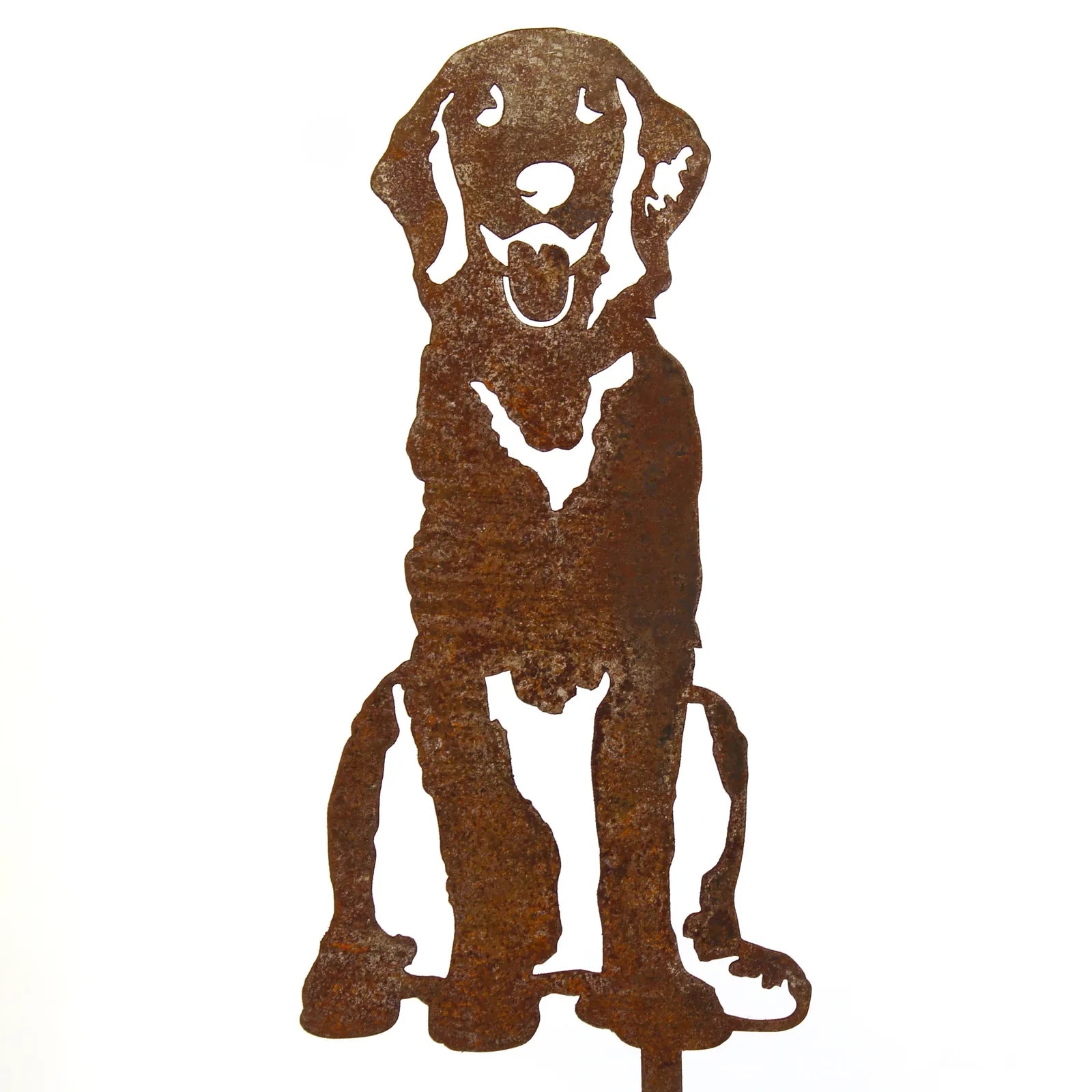 Handcrafted rust-colored metal silhouette of a Flat-Coated Retriever, ideal for garden or home decor.