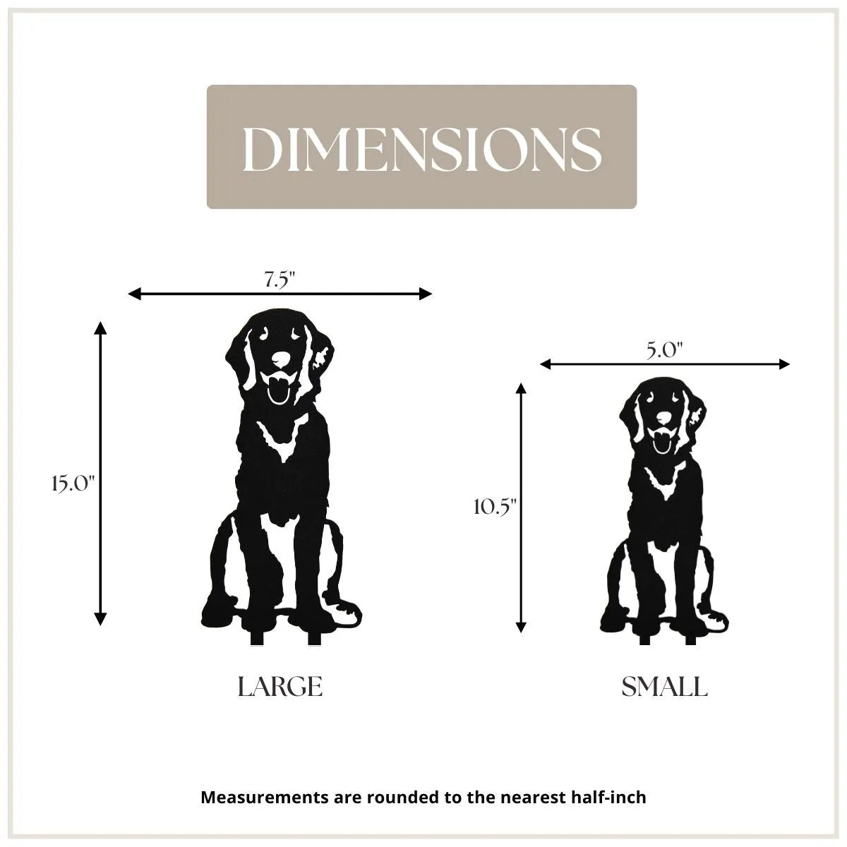 Black metal silhouettes of a Flat-Coated Retriever in large (15") and small (10.5") sizes, with dimensions labeled.