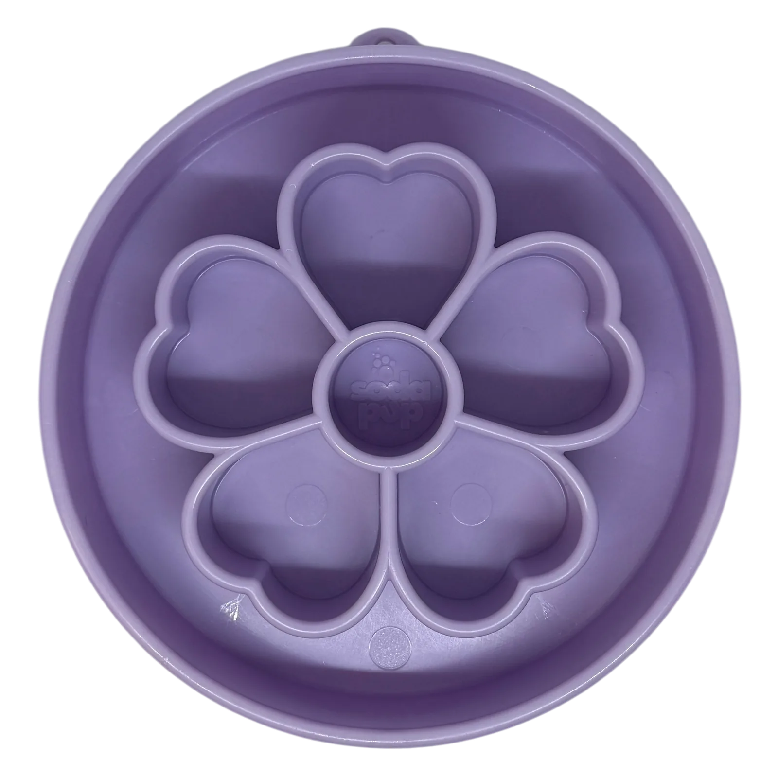 Purple flower-shaped slow feeder dog bowl with segmented chambers for healthy eating and enrichment.