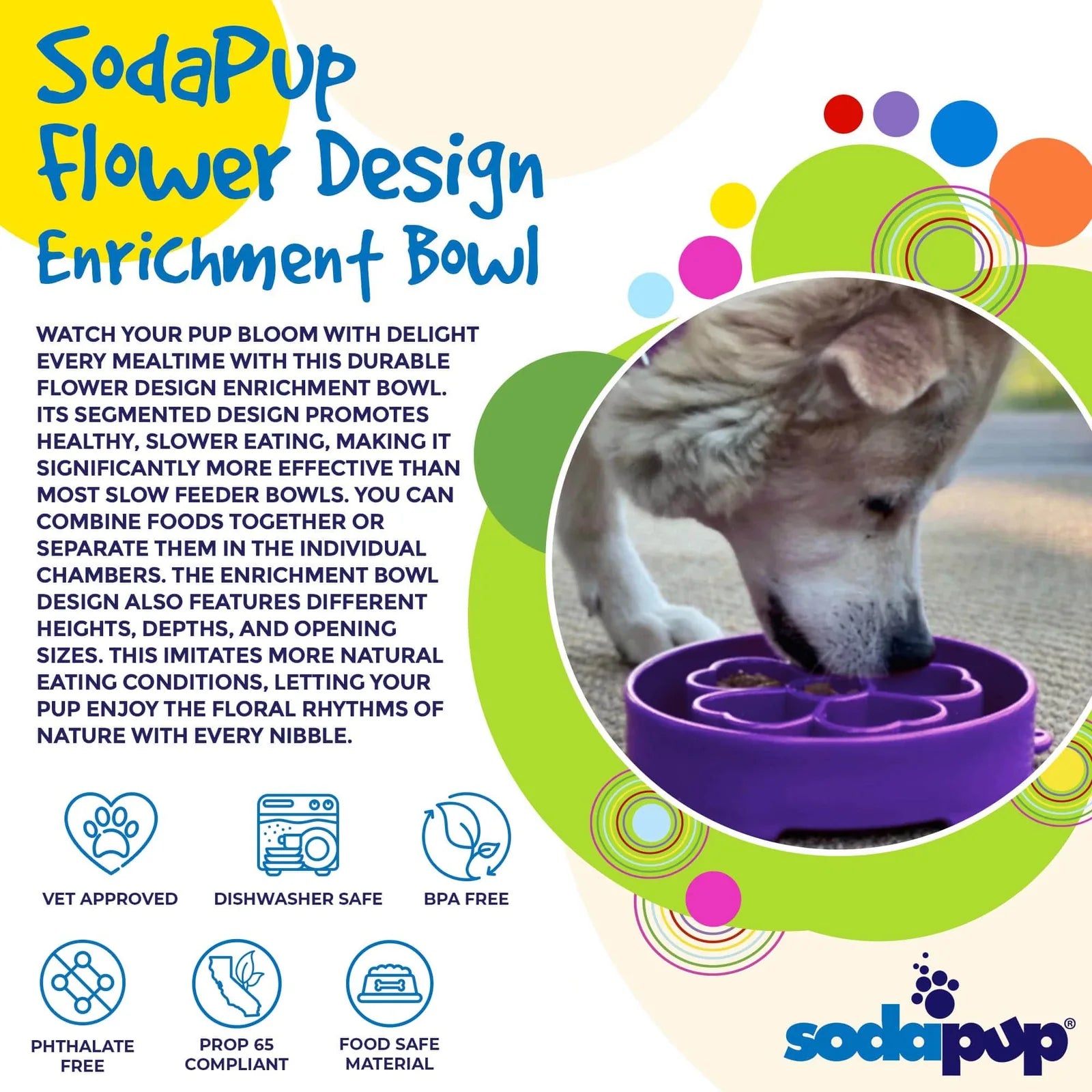 Purple flower-shaped slow feeder dog bowl, designed for slower, more engaging meals and natural foraging fun.