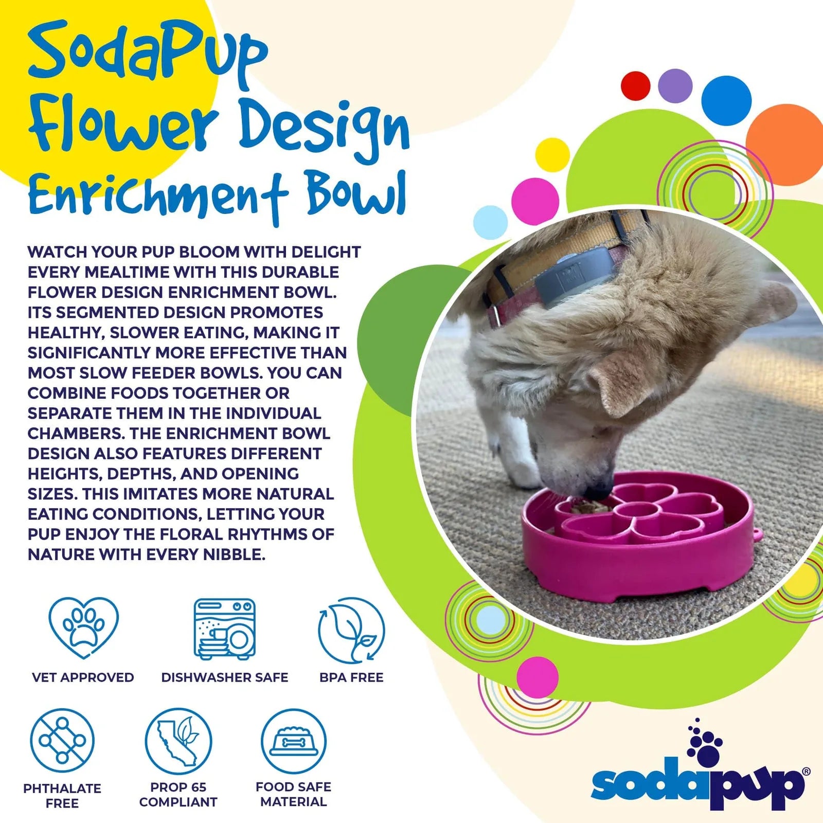 Flower-shaped pink slow feeder dog bowl designed for enrichment and healthy eating, made from durable, FDA-compliant mater...