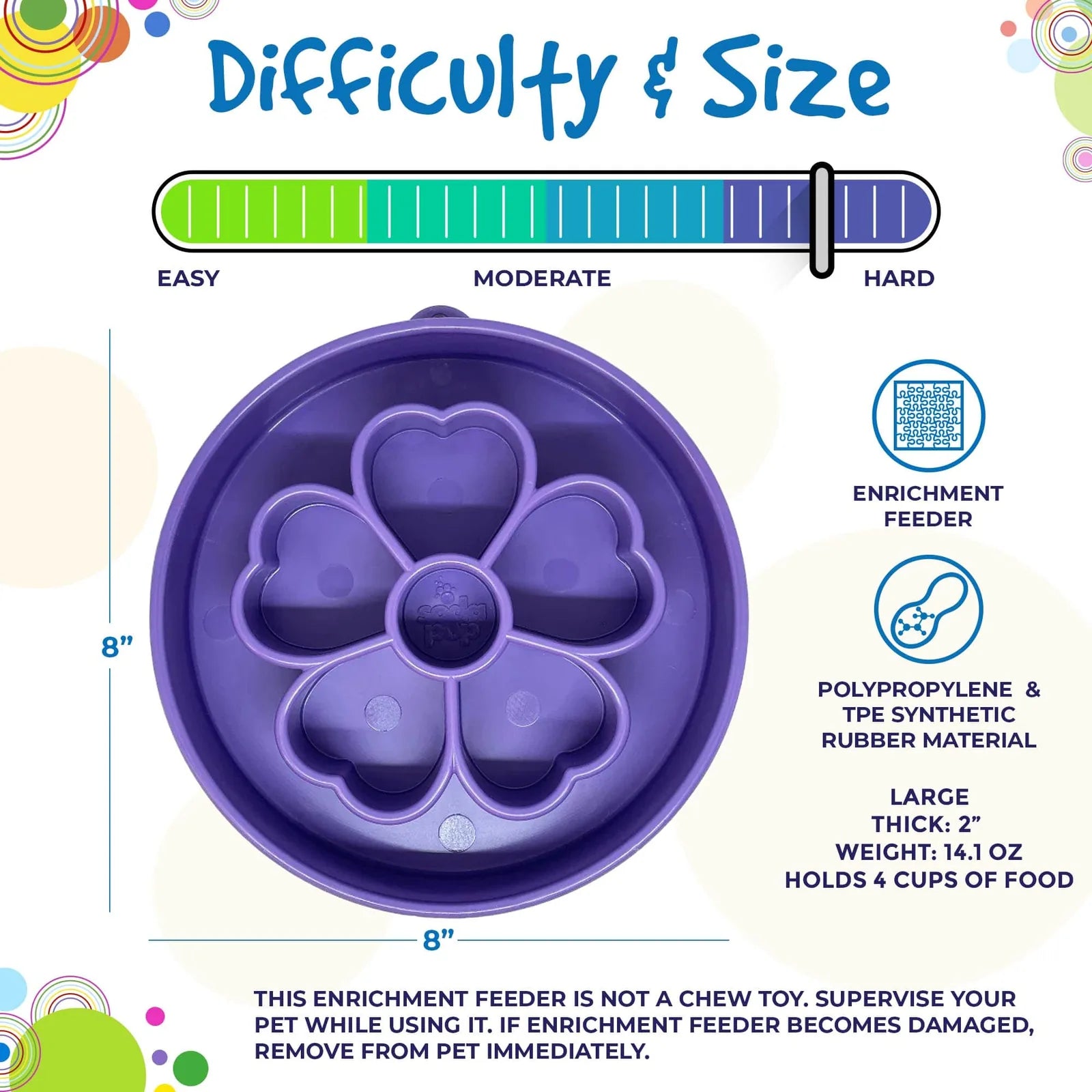 Purple flower-shaped slow feeder bowl with segmented design, made of non-toxic TPE, holds 4 cups of food, 8 inches wide.