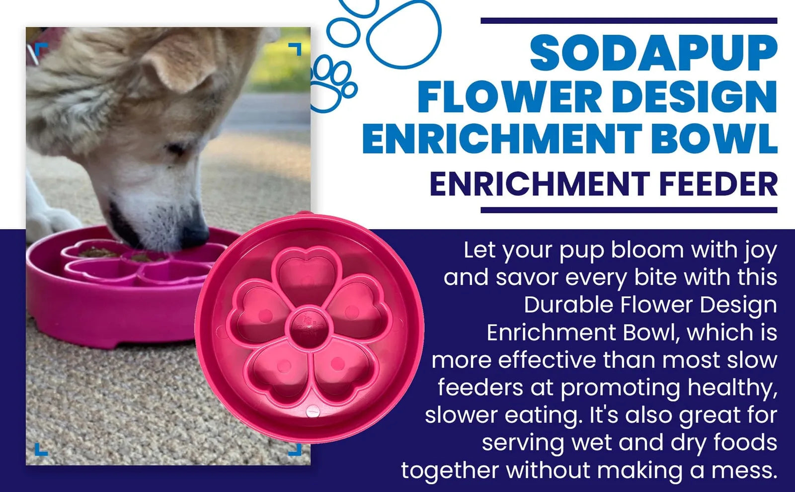 Flower-shaped pink slow feeder bowl with segmented chambers for dogs promoting slower eating and natural foraging.