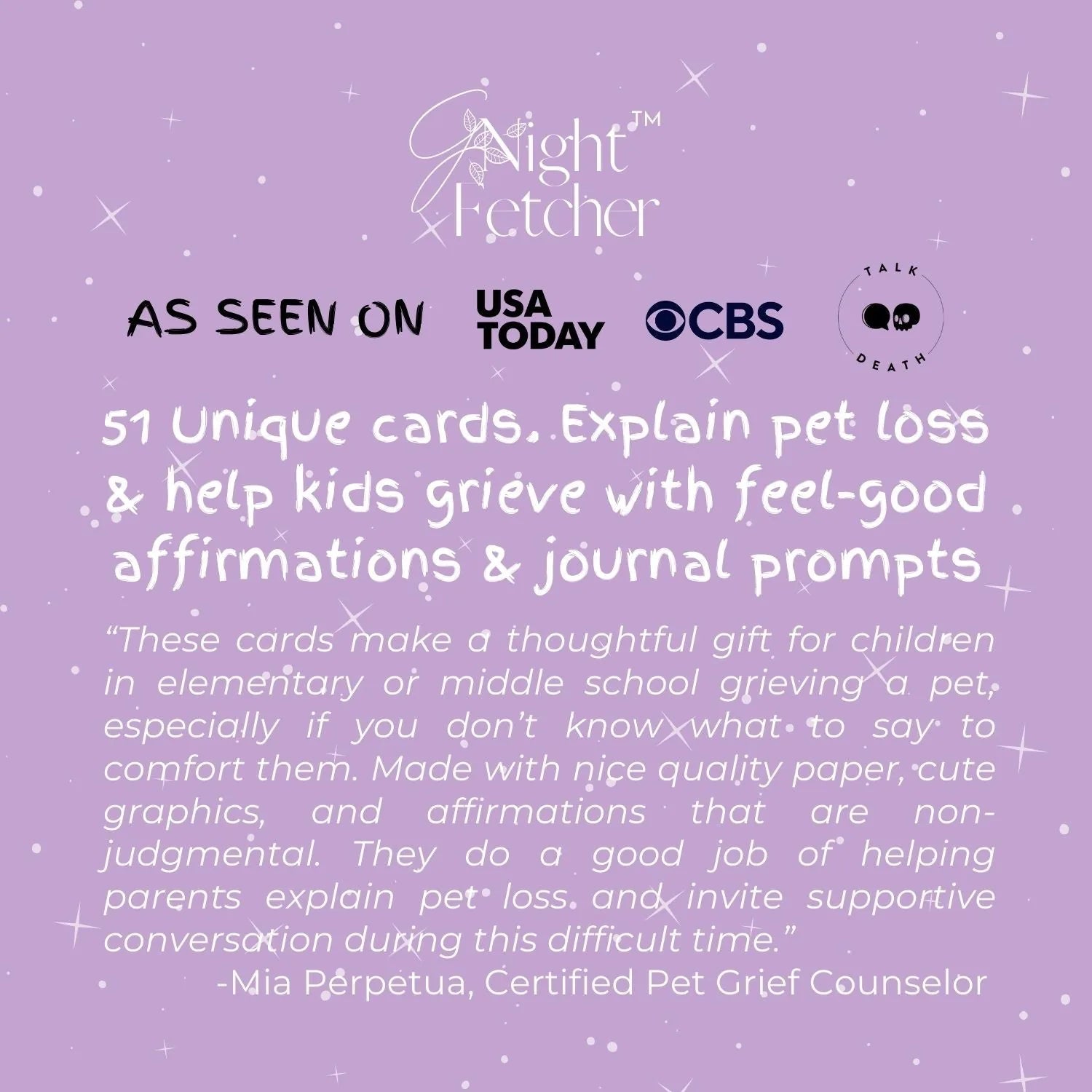 Purple background featuring text about pet loss comfort cards, affirmations, and reviews by a pet grief counselor.