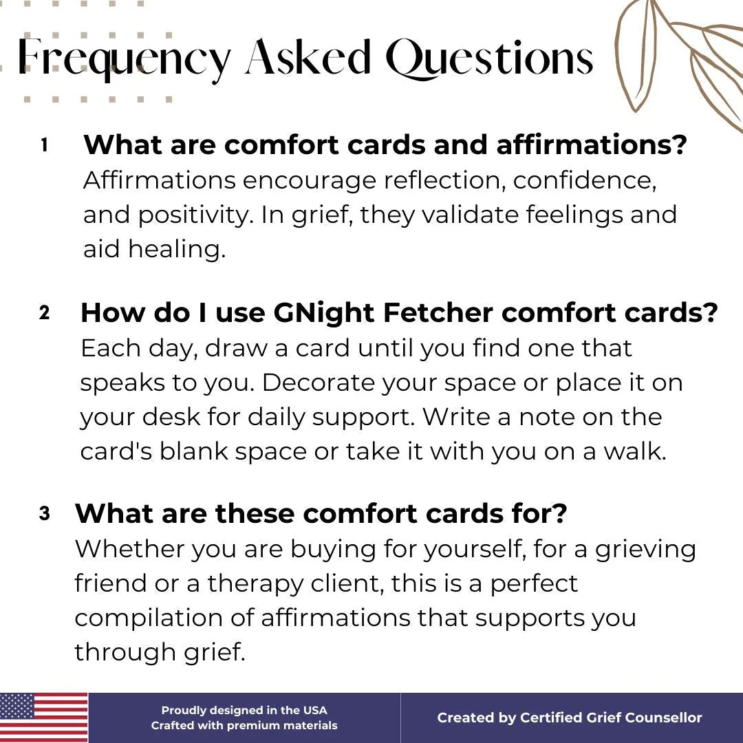 Comfort cards featuring FAQs about affirmations and their use, with elegant typography and decorative leaf accents.