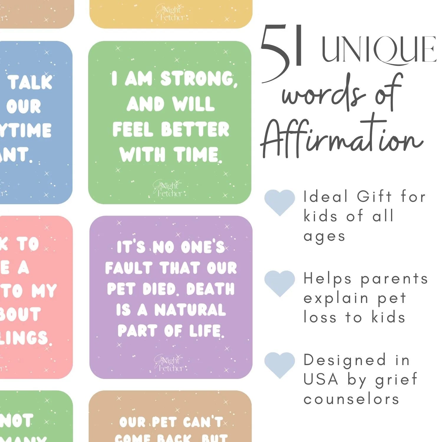 Colorful affirmation cards displaying supportive messages about pet loss, designed for kids, featuring playful graphics.