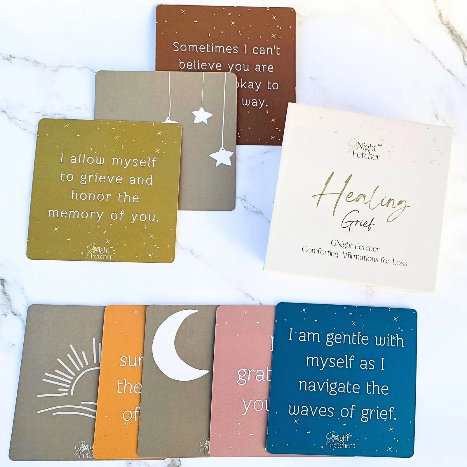 Comfort cards featuring affirmations and colorful designs, supporting kids through pet loss.
