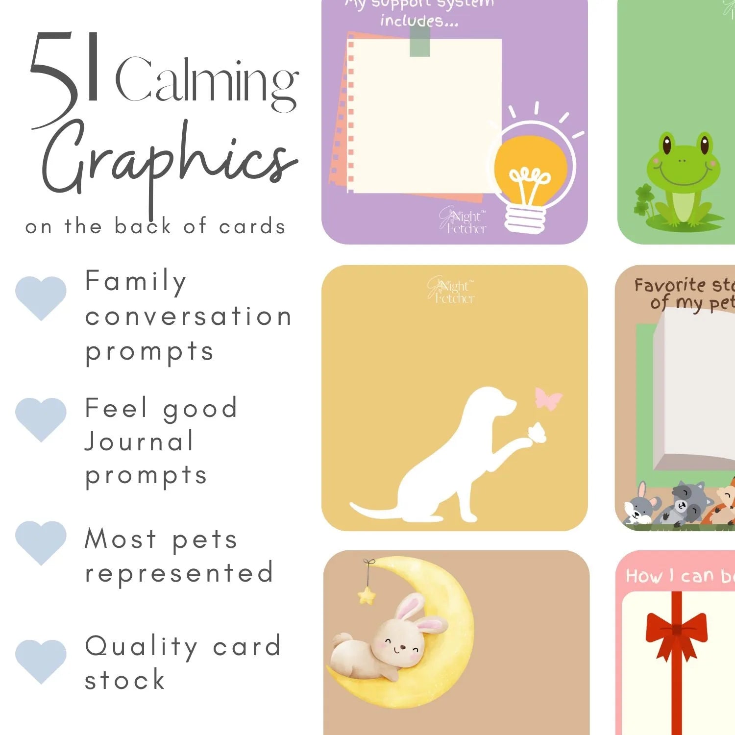 Colorful cards featuring calming graphics and prompts, designed to support children through pet loss.