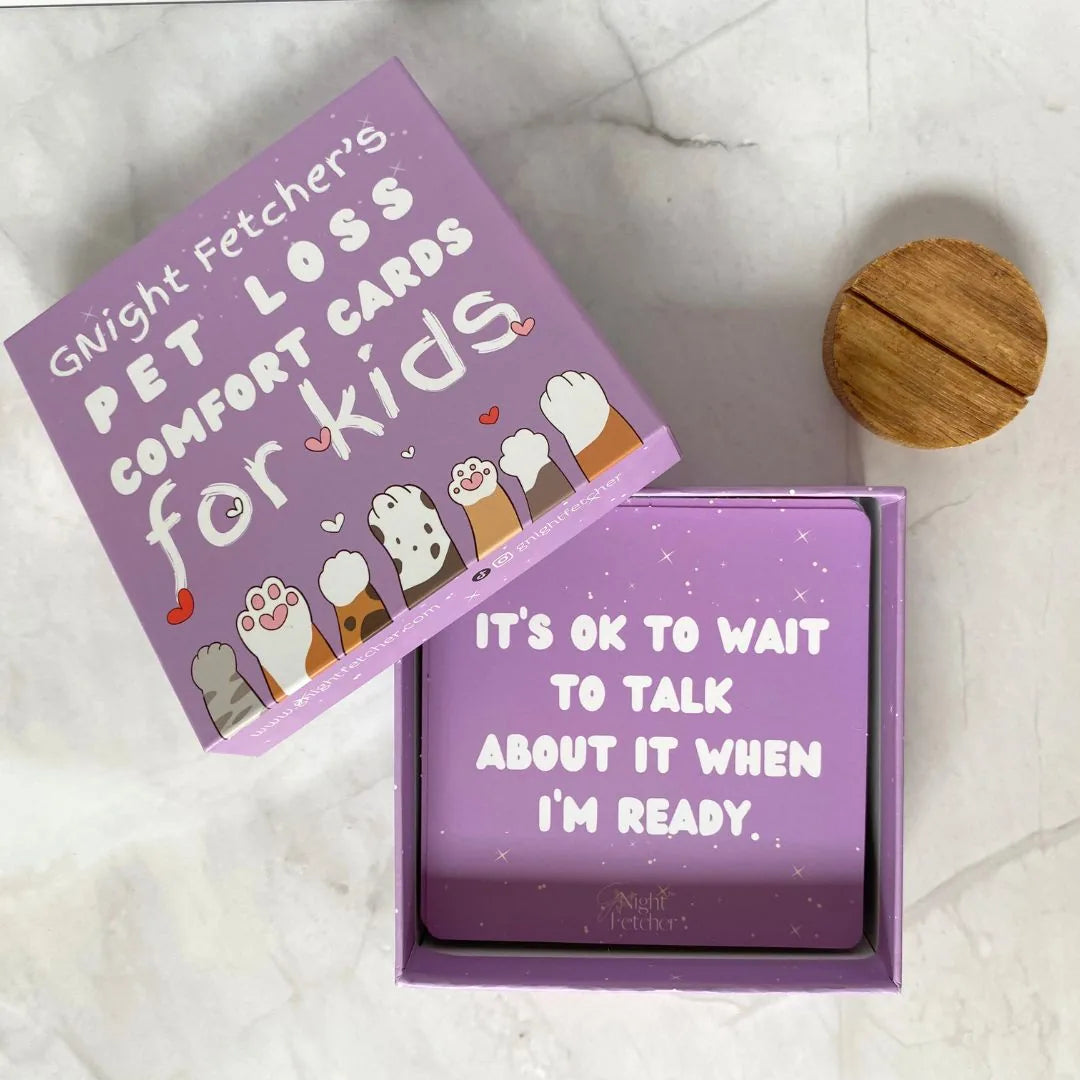 Purple box of GNight Fetcher’s Pet Loss Comfort Cards for kids, showing affirmation “It’s ok to wait to talk about it when...