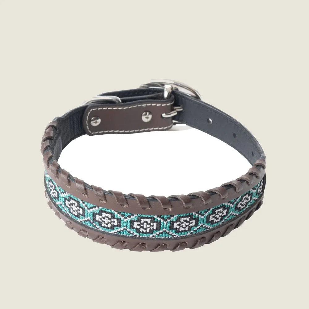 Handcrafted black and turquoise leather dog collar featuring Southwestern beadwork and a braided design.