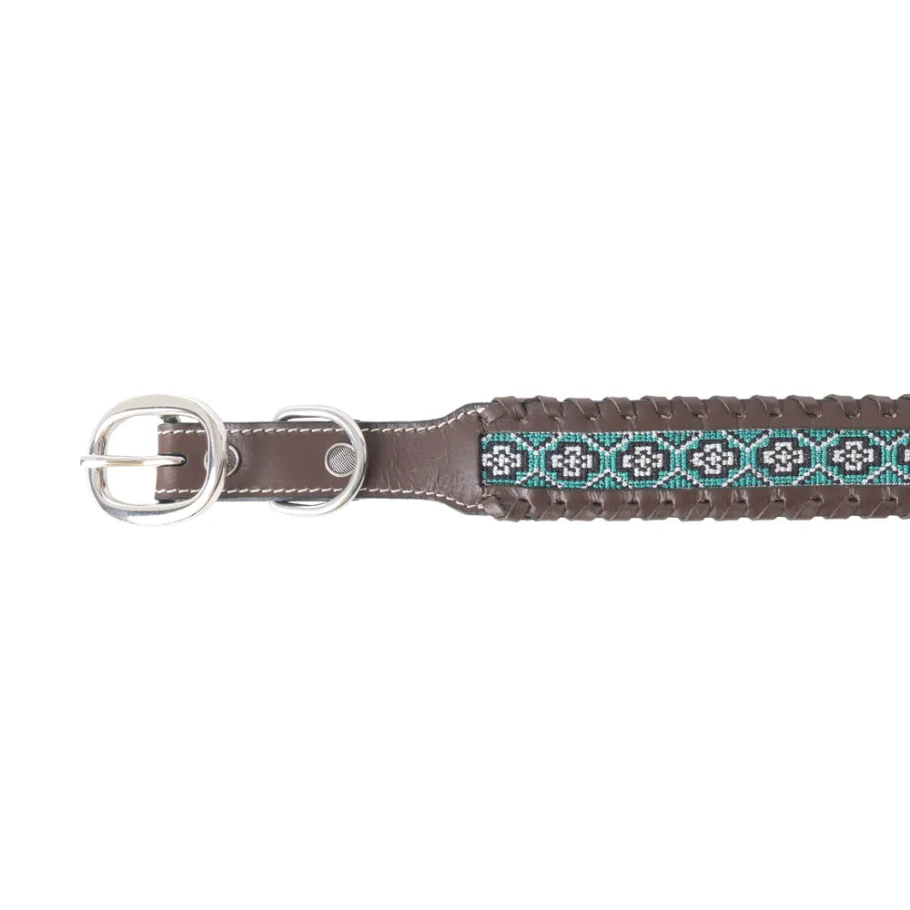 Braided black leather dog collar featuring turquoise and white Southwestern beadwork with a silver buckle.