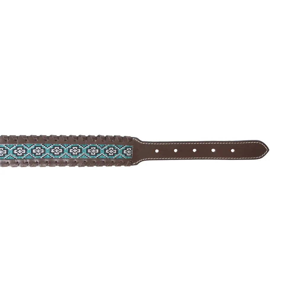 Handcrafted black leather dog collar featuring turquoise and white Southwestern beadwork and braided design.