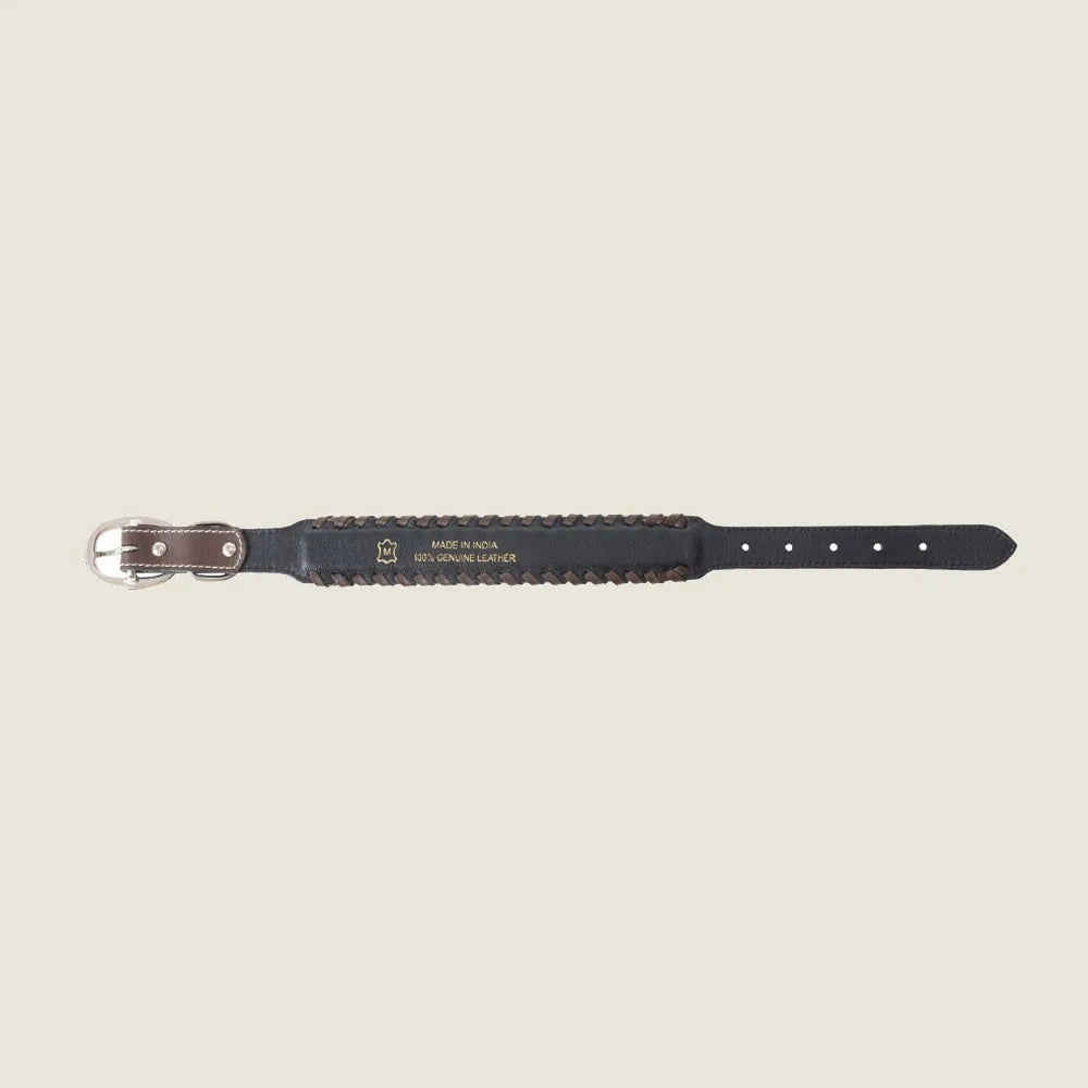 Braided black leather dog collar featuring turquoise beadwork, designed for durability and style.