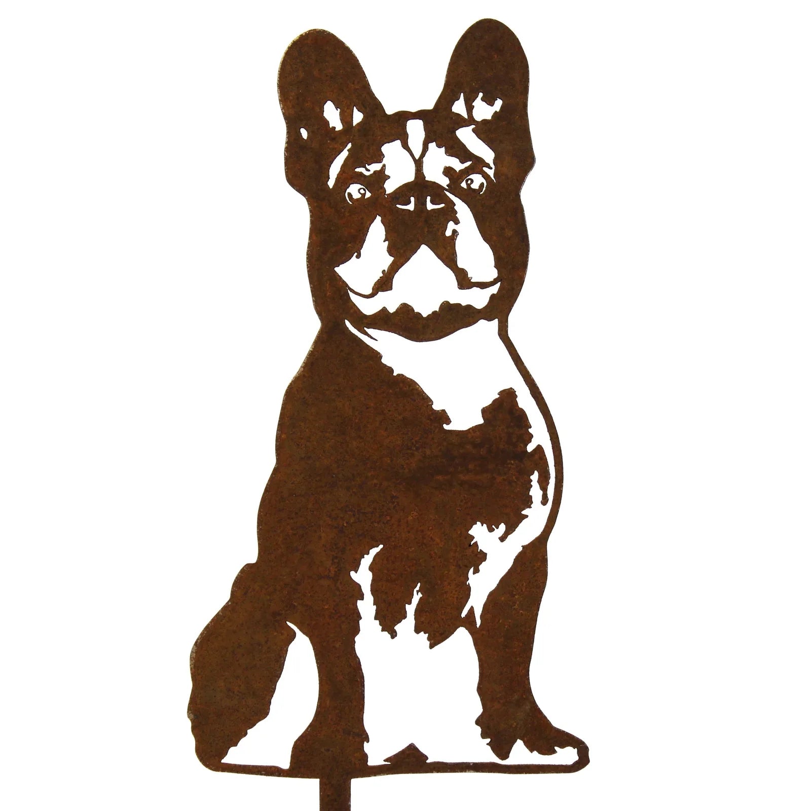 Handmade Corten steel silhouette of a seated French Bulldog, showcasing rust tones and detailed facial features.