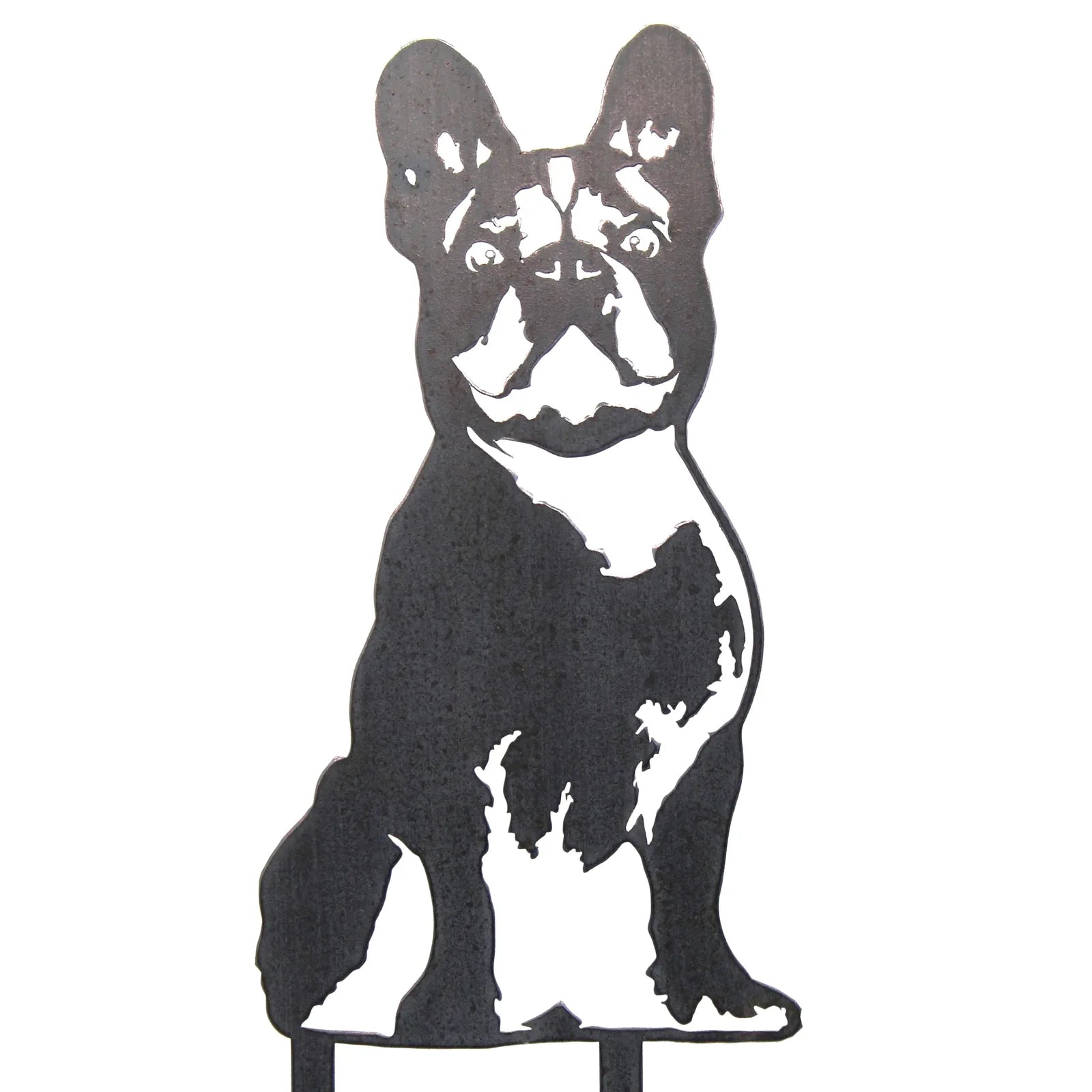 Handmade French Bulldog silhouette in black steel, perfect for home or garden décor, showcasing a loyal companion's charm.