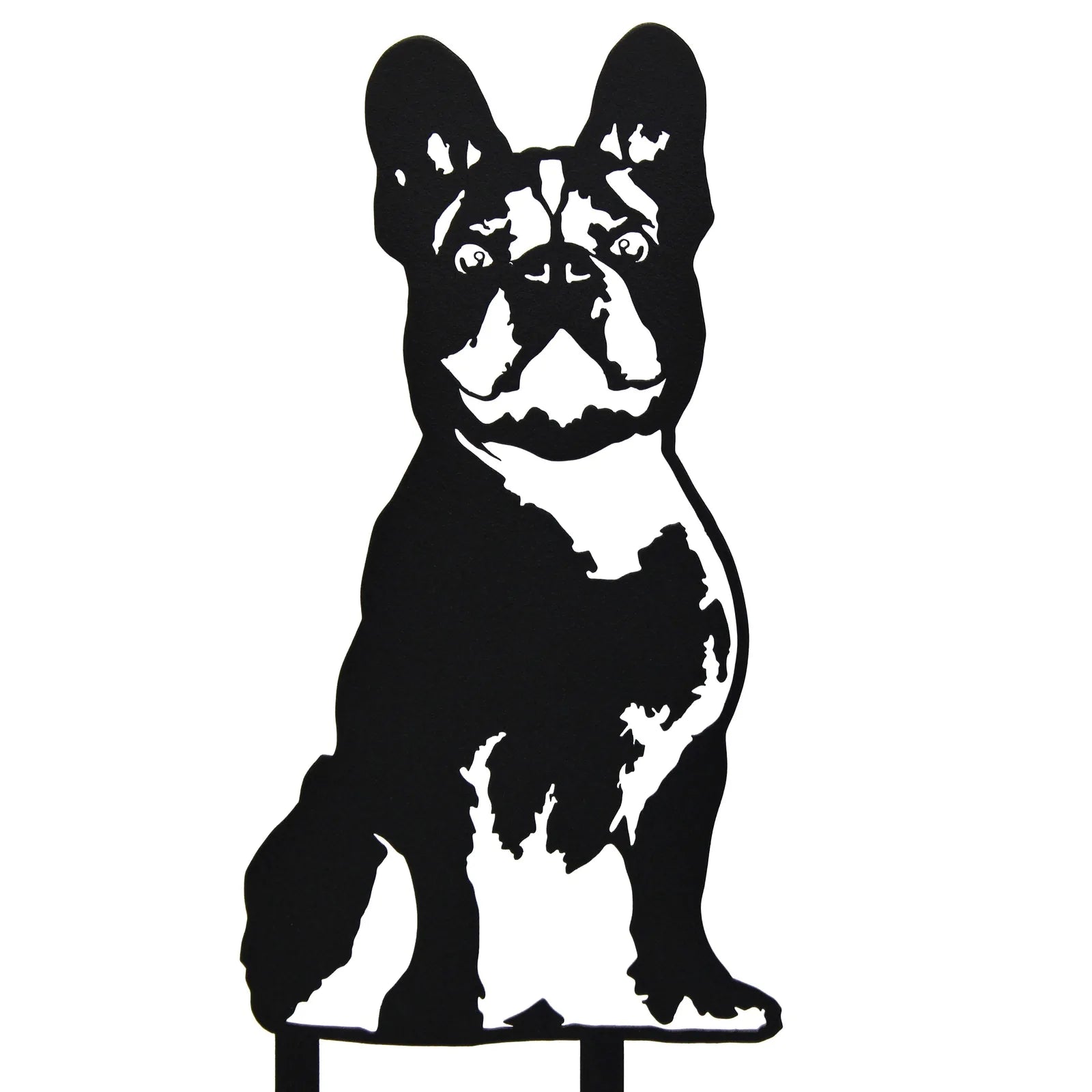Handmade black metal silhouette of a French Bulldog, featuring detailed contours and a sturdy design, ideal for décor.