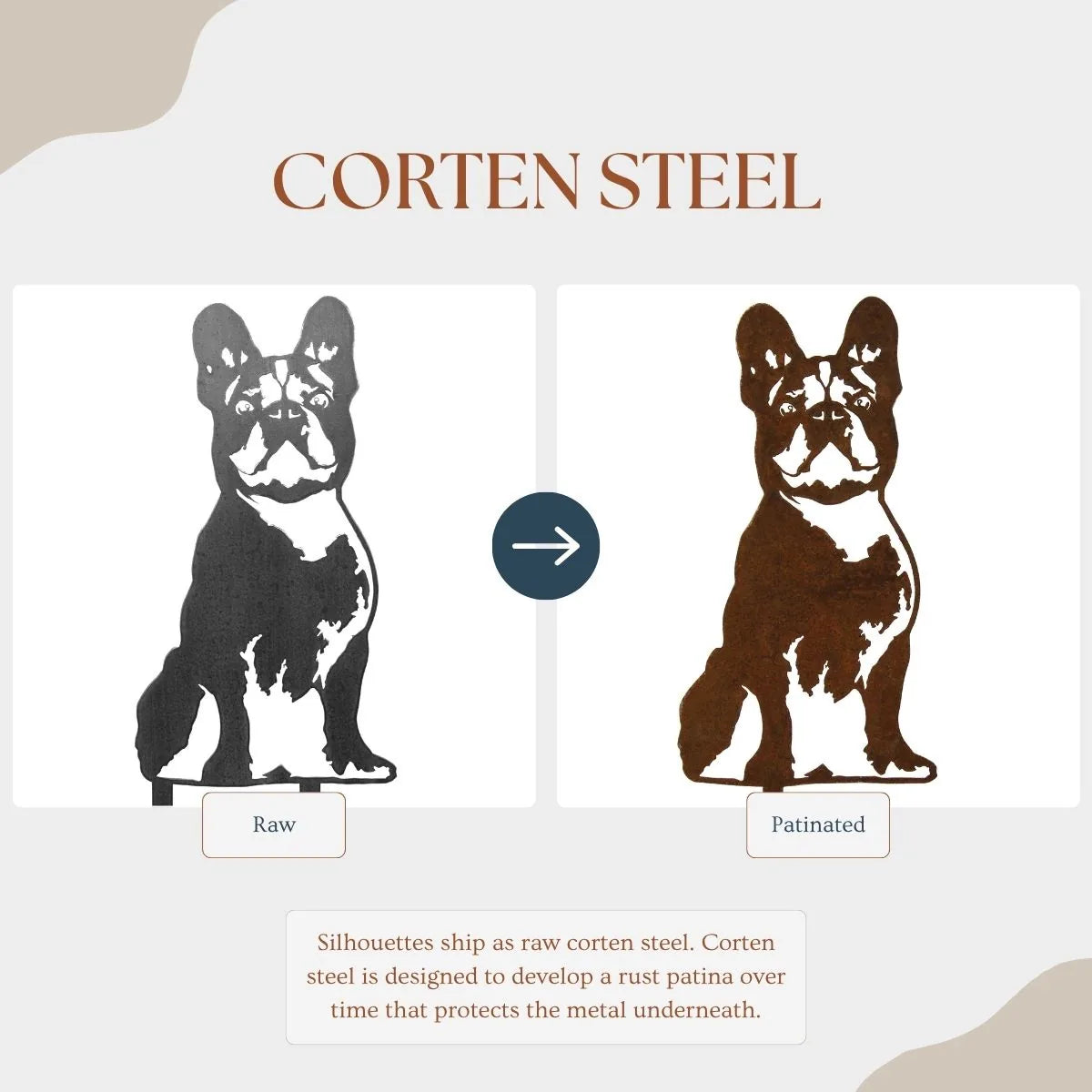 French Bulldog silhouette art in raw and patinated Corten steel showcasing weathering effect. Perfect for dog lovers.
