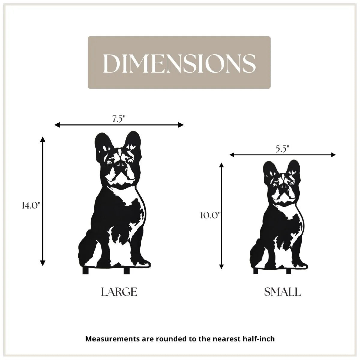 French Bulldog metal art silhouette shown in black, with dimensions for large (14" x 7.5") and small (10" x 5.5") sizes.