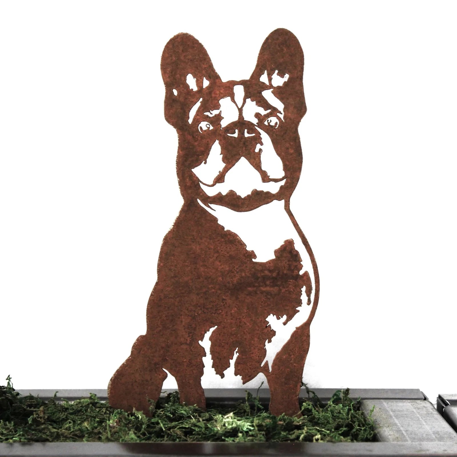 Handmade Corten steel silhouette of a French Bulldog, designed for home or garden decor, showcasing a rustic finish.