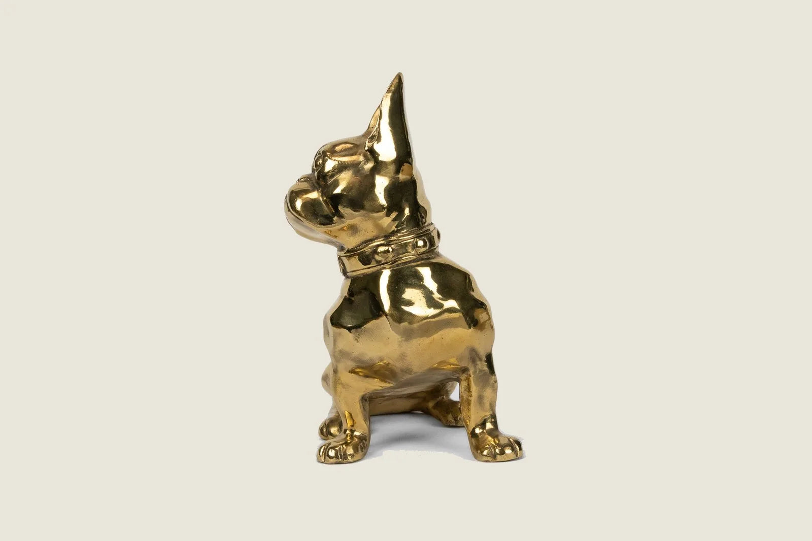 Brass French Bulldog sculpture with a shiny finish, showcasing a detailed collar and playful posture.
