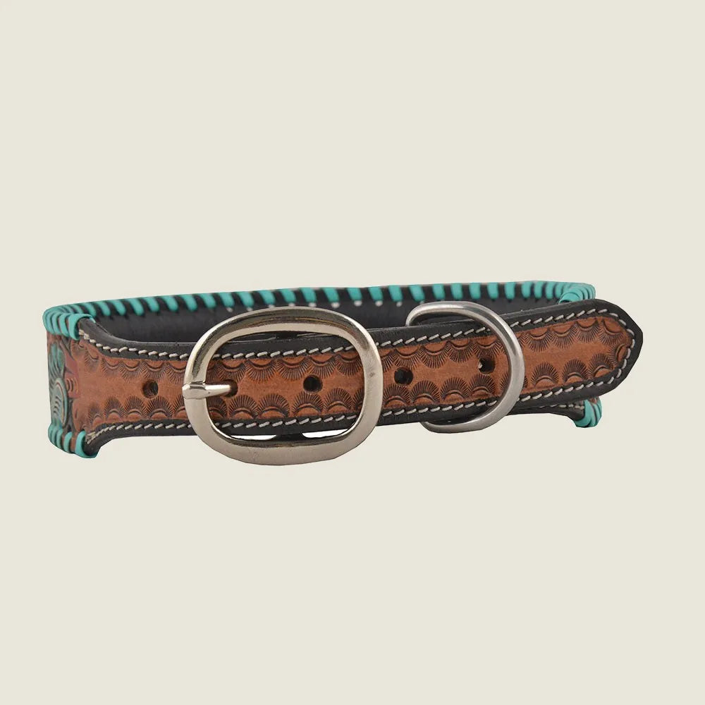 Hand-tooled leather dog collar with a floral pattern, featuring bronze and turquoise accents and a silver buckle.