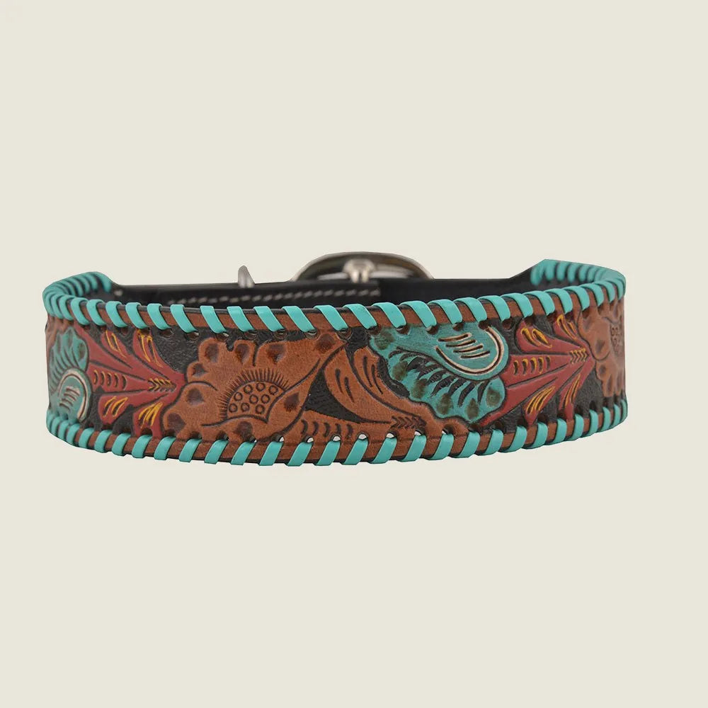 Hand-tooled leather dog collar featuring a vibrant floral pattern, turquoise accents, and detailed stitching.