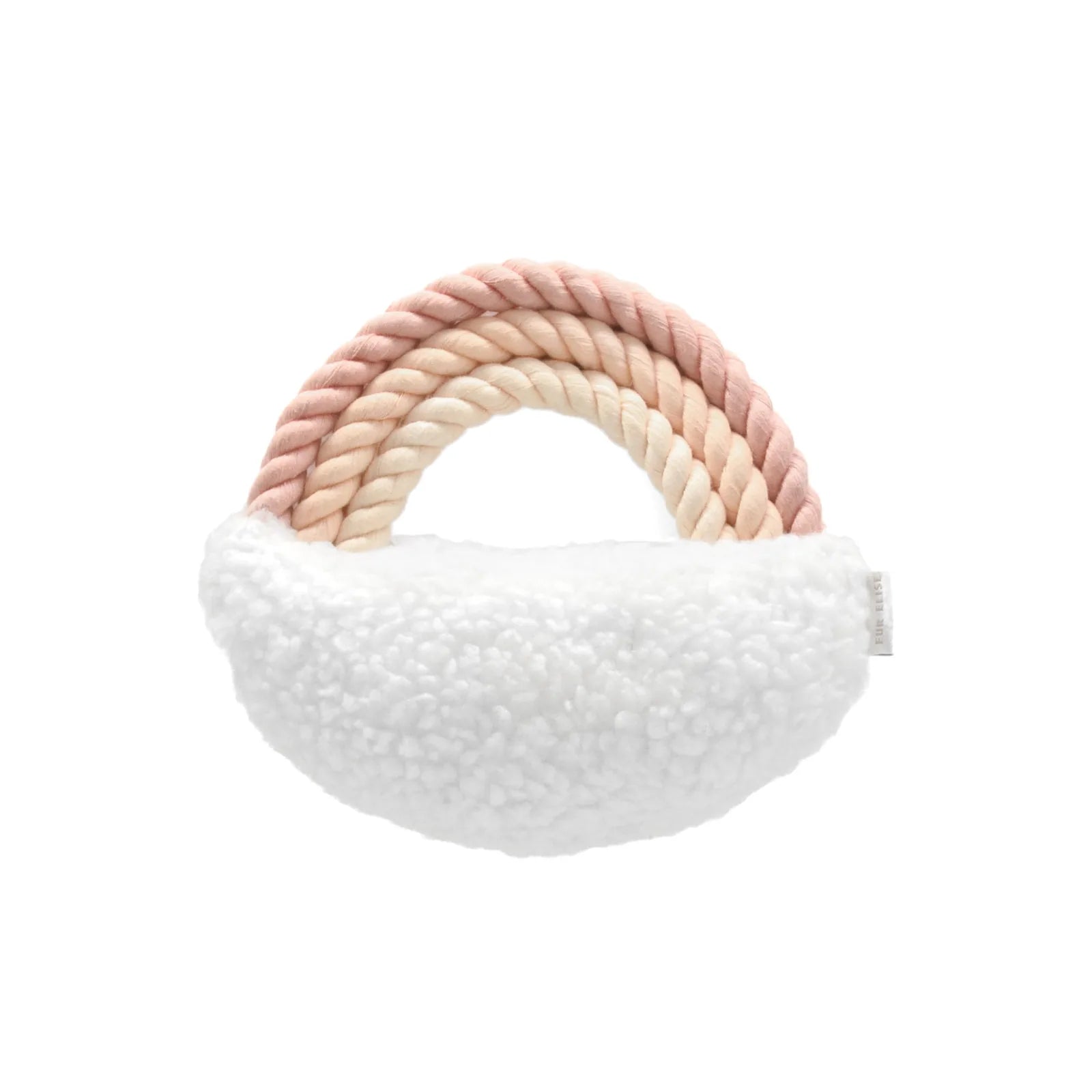 Soft white sherpa plush toy featuring pastel cotton ropes for engaging tug-of-war play with dogs.