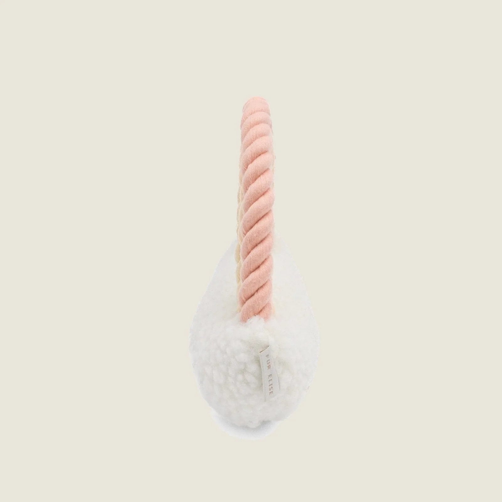 Soft white plush dog toy with a twisted pastel rope handle, perfect for tugging and chewing.