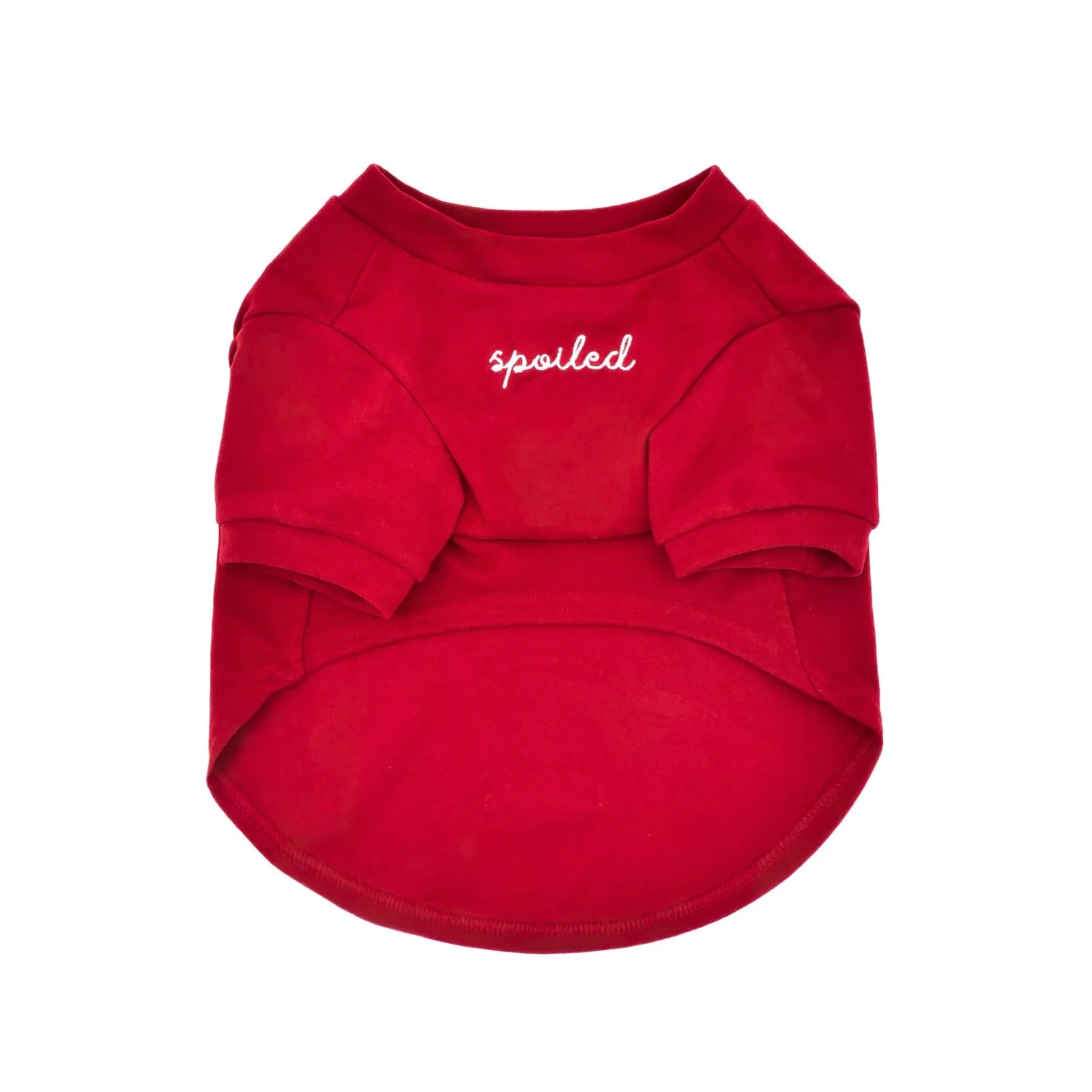 Red fleece mock neck dog shirt with "spoiled" embroidery, designed for comfort and style in pet apparel.
