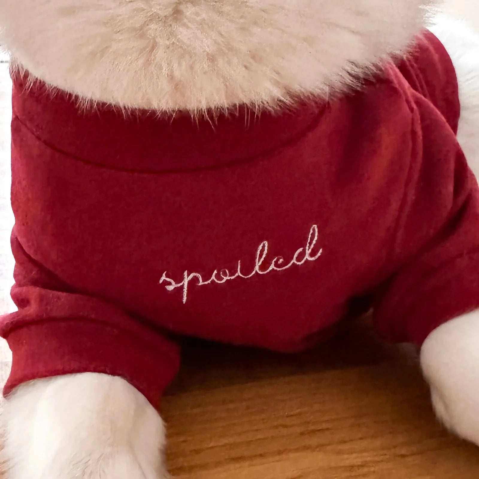 Red fleece mock neck dog shirt featuring embroidered "spoiled" text, perfect for cozy comfort and style.
