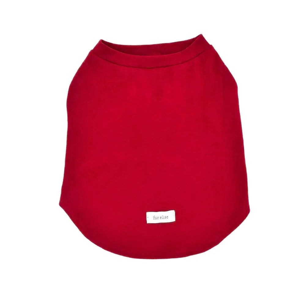 Red mock neck dog shirt made from soft fleece with "fur elise" label, designed for comfort and style in chilly weather.