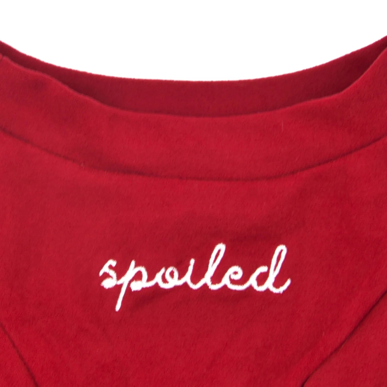 Red fleece mock neck shirt with embroidered "spoiled" text, part of the Spoiled Sweetheart Collection for pets.