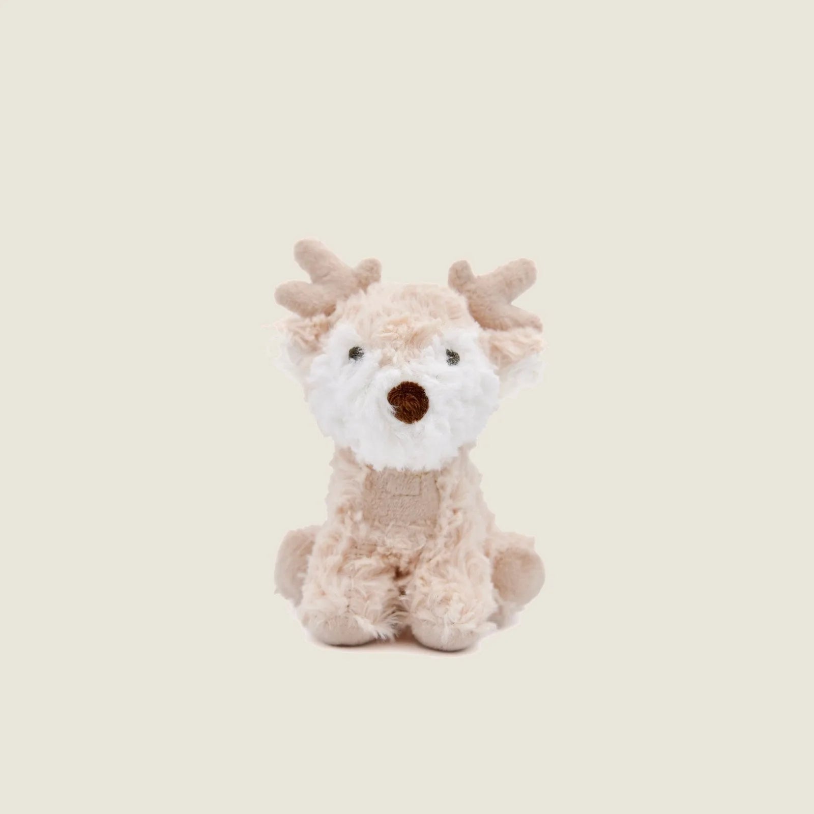 Soft beige plush deer toy with antlers, crinkle ears, and hand-stitched features, perfect for gentle dog play and cuddling.